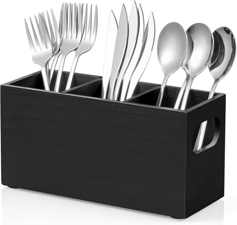 DRASTAR Silverware Holder, Wooden Utensil Caddy, Silverware Organizer Countertop, Cutlery Holder for Party, Fork Spoon Knife Organizer，Black - Image 1